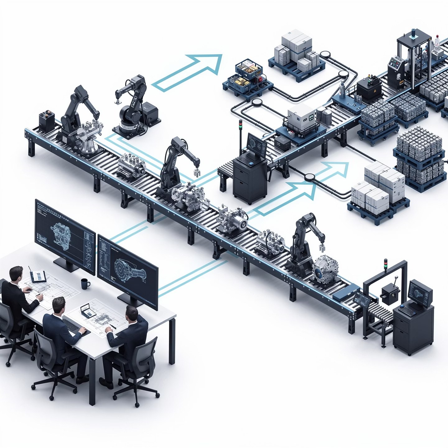 Isometric illustration of a production line showing the prototype-to-series transition